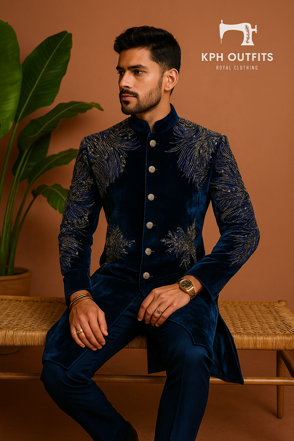Men's Navy Blue Velvet Handcrafted Luxury Embellished Sherwani Set – Designer Wedding Outfit – KPH Outfits