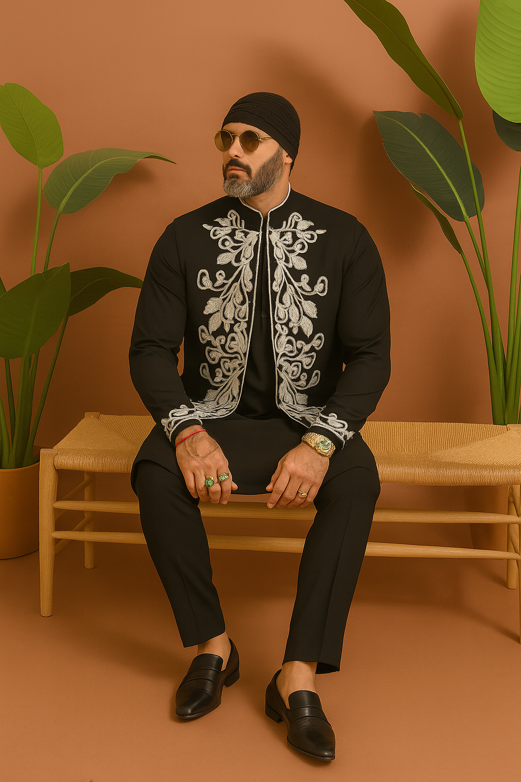 “Side view of designer embellished waistcoat set with kurta, pant, and koti”
