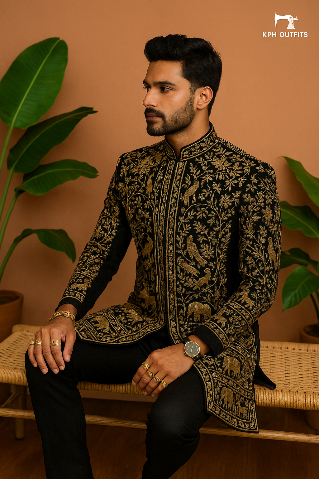 Ranveer Singh Inspired Stylish Golden Work Sherwani Set – Black Wool 2-Piece Ensemble – KPH Outfits