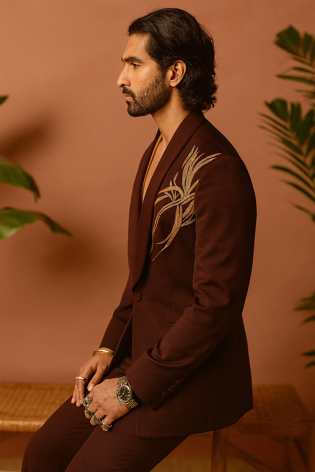 A photograph of a man in a stylish tuxedo, emphasizing the quality of the Japanese fabric and the unique design.

