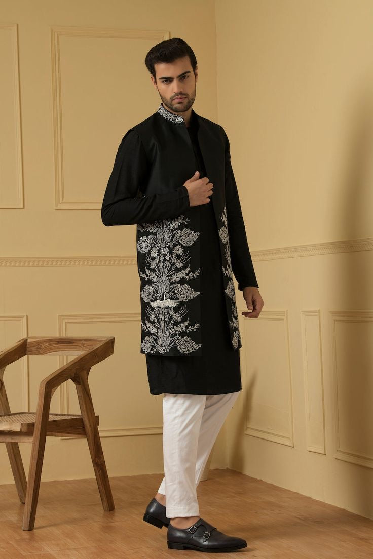 Men's Black Thread Embroidery long Jacket Set