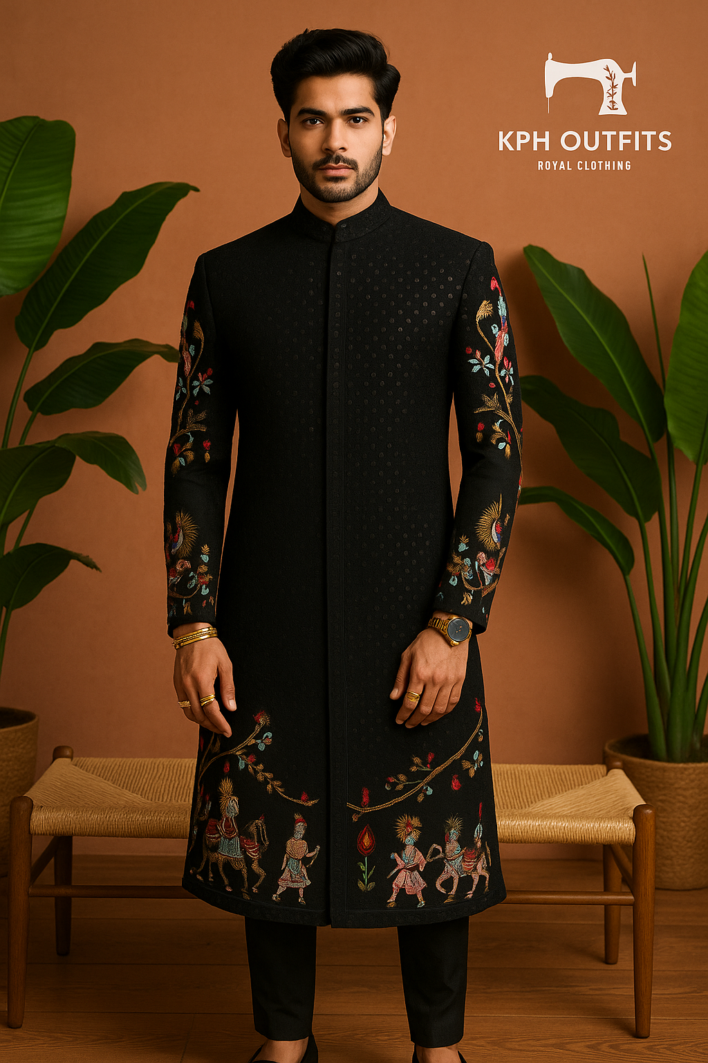 Men's Black Multi-Colour Thread Embroidery Rath Pattern Silk Sherwani – Designer Groom Outfit – KPH Outfits