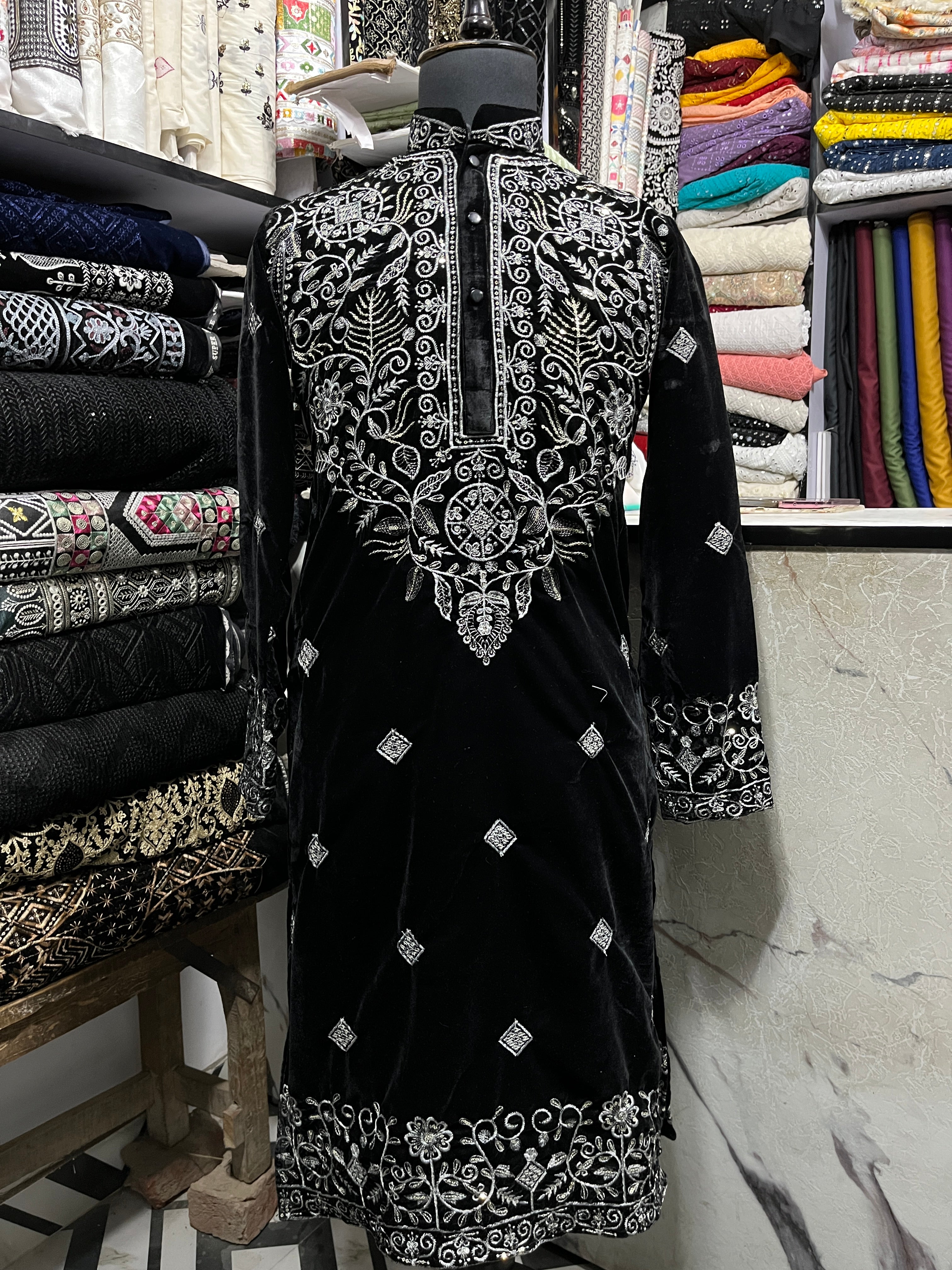 Men's Black Silver Thread Embroidery Velvet kurta set