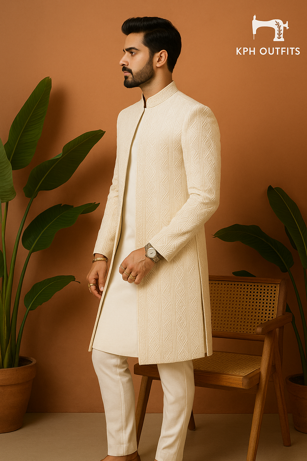 Men's Exclusive Ivory Luxury Dyeable Open Indo-Western Set - Customized Elegance by KPH Outfits