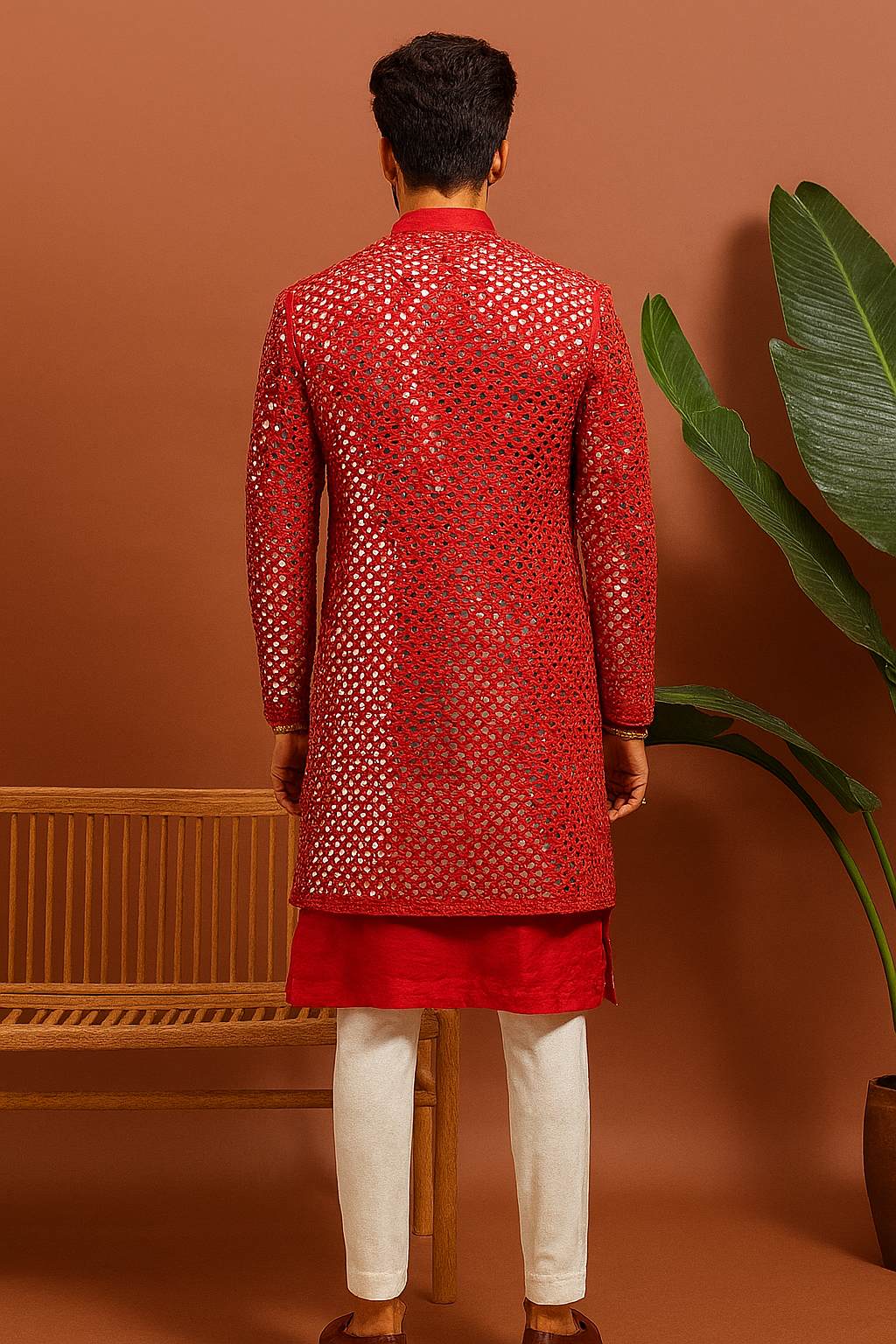 Statement red mirror embellished outfit for groom – KPH Outfits
