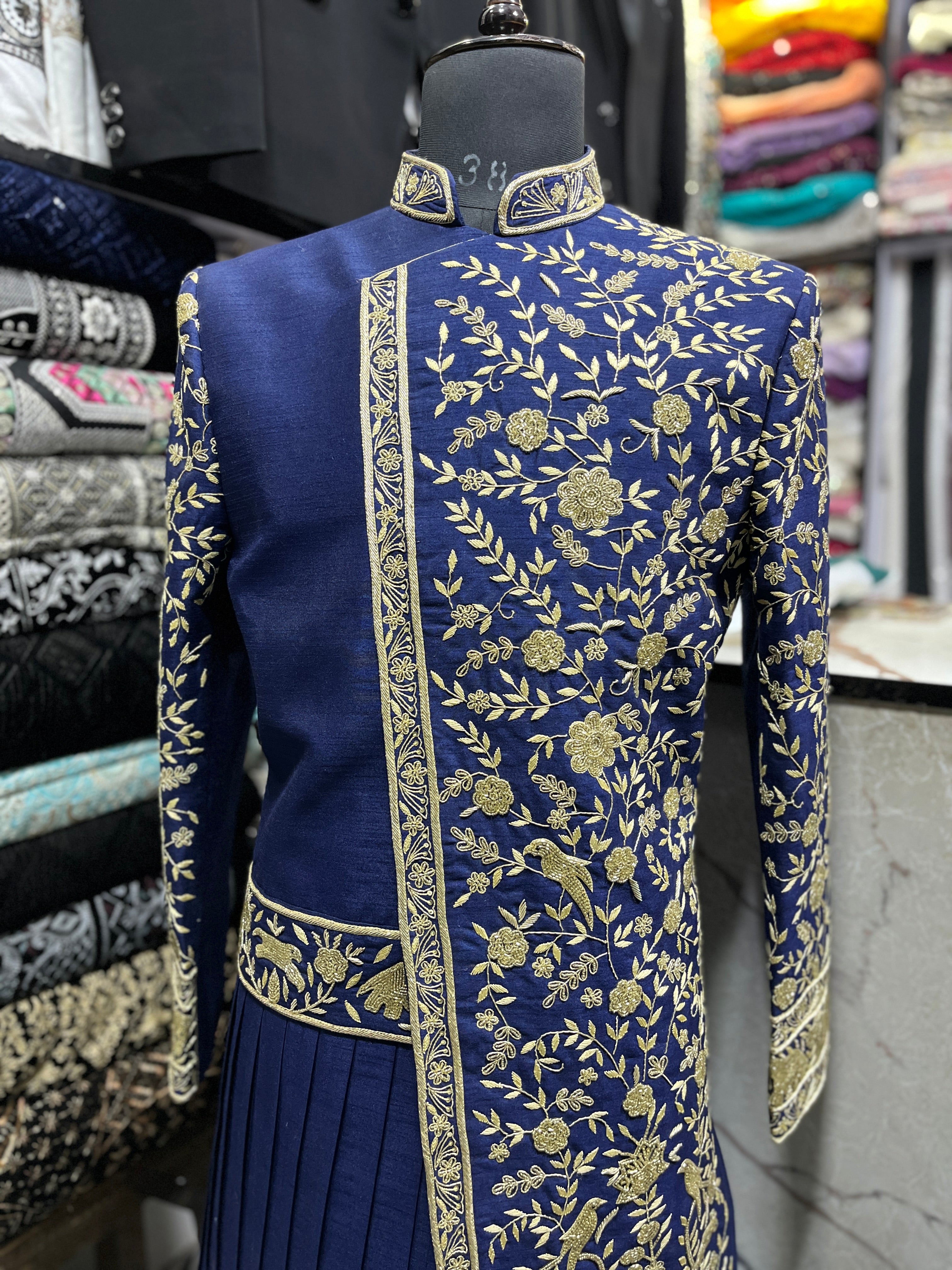 Men's Blue Handcrafted Golden Zardozi Work Draped Indo-western Set