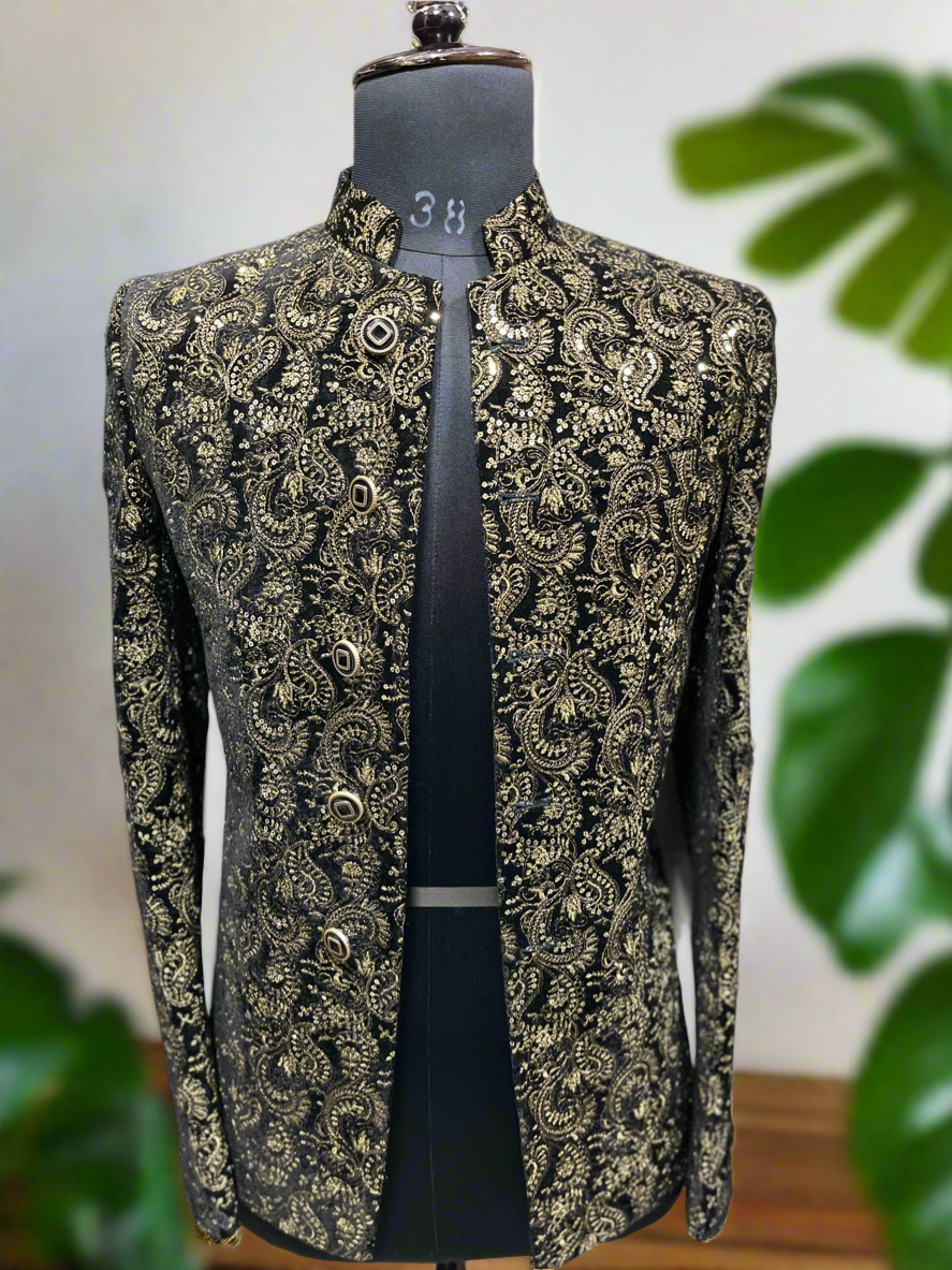 Designer Jodhpuri Suit with Handcrafted Golden Embroidery
