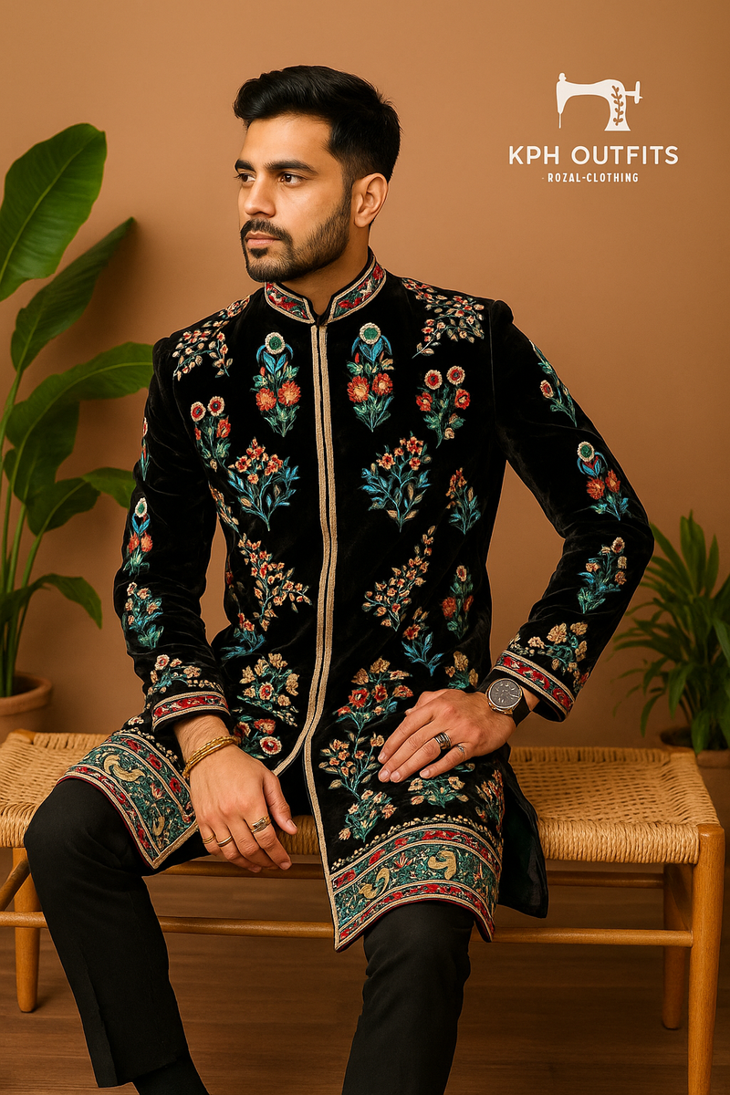 Custom Designer Velvet Sherwani Set with Multicolor Embroidery for Gro ...