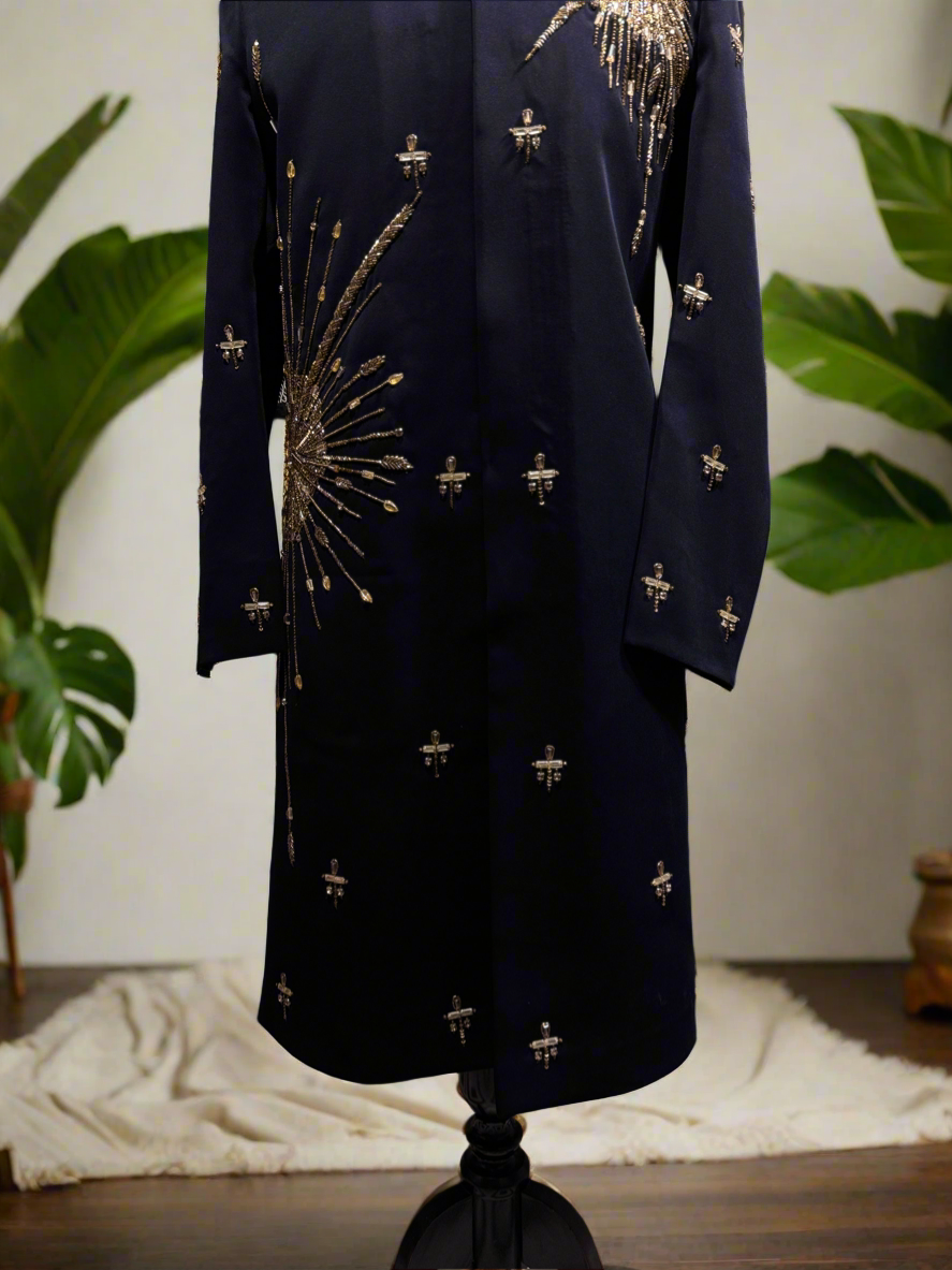 A photograph of a man in a stylish sherwani, highlighting the quality of the Japanese fabric and the unique handcrafting.

