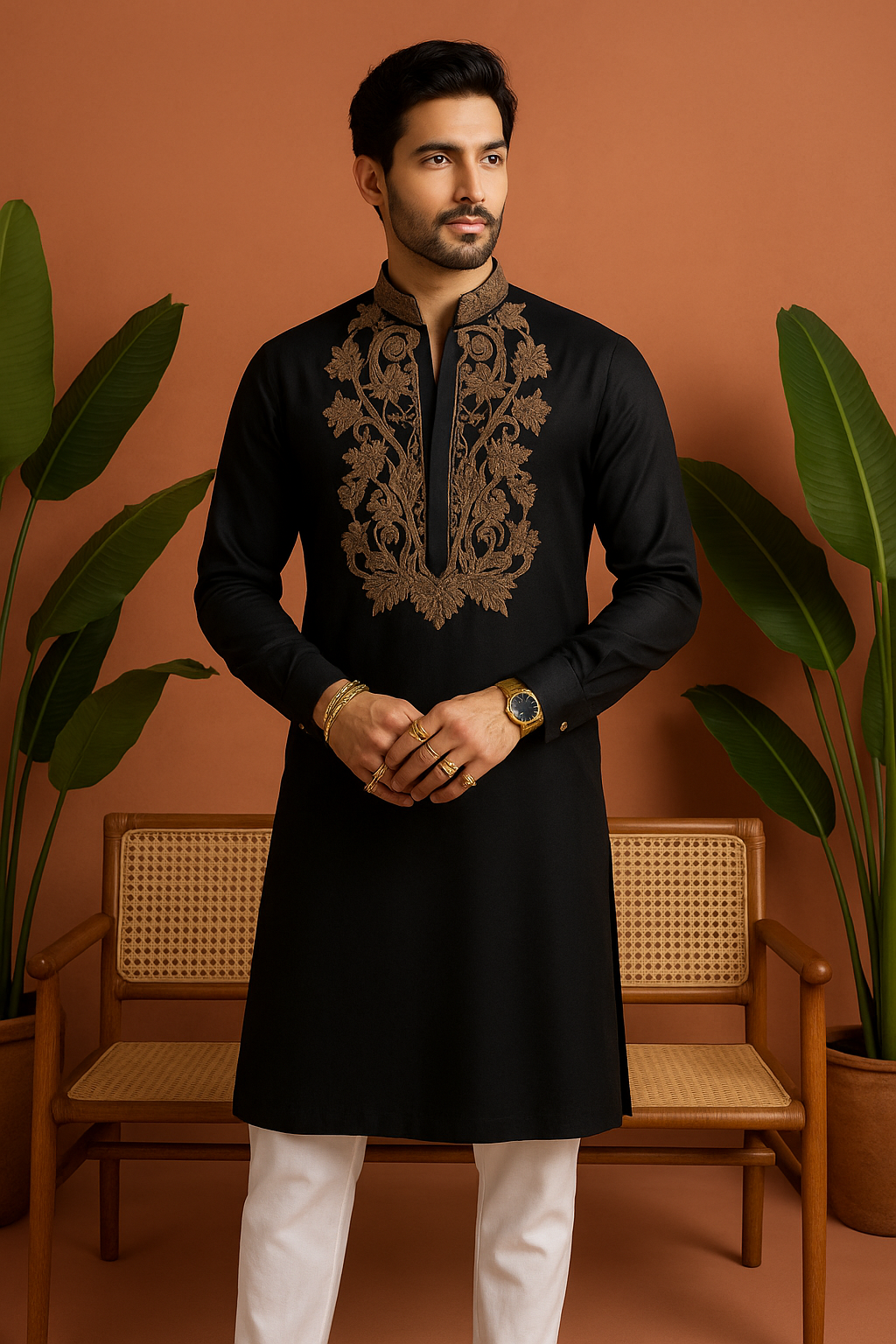 A front view of a man in a black kurta with intricate white embellishments, posing confidently.

