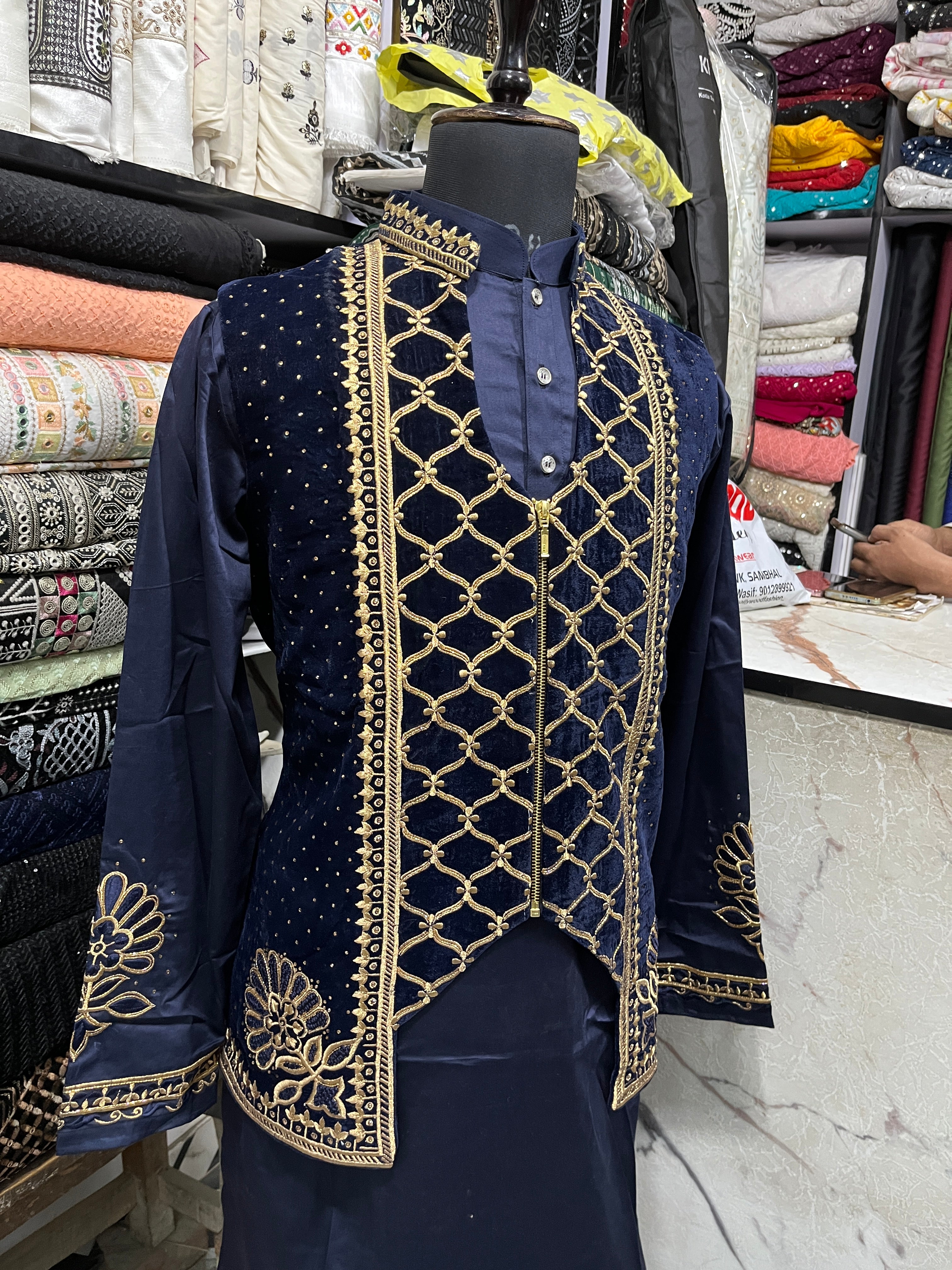 Men's Navy Blue Karan Aujla Handcrafted Zardozi Nehru Jacket Set