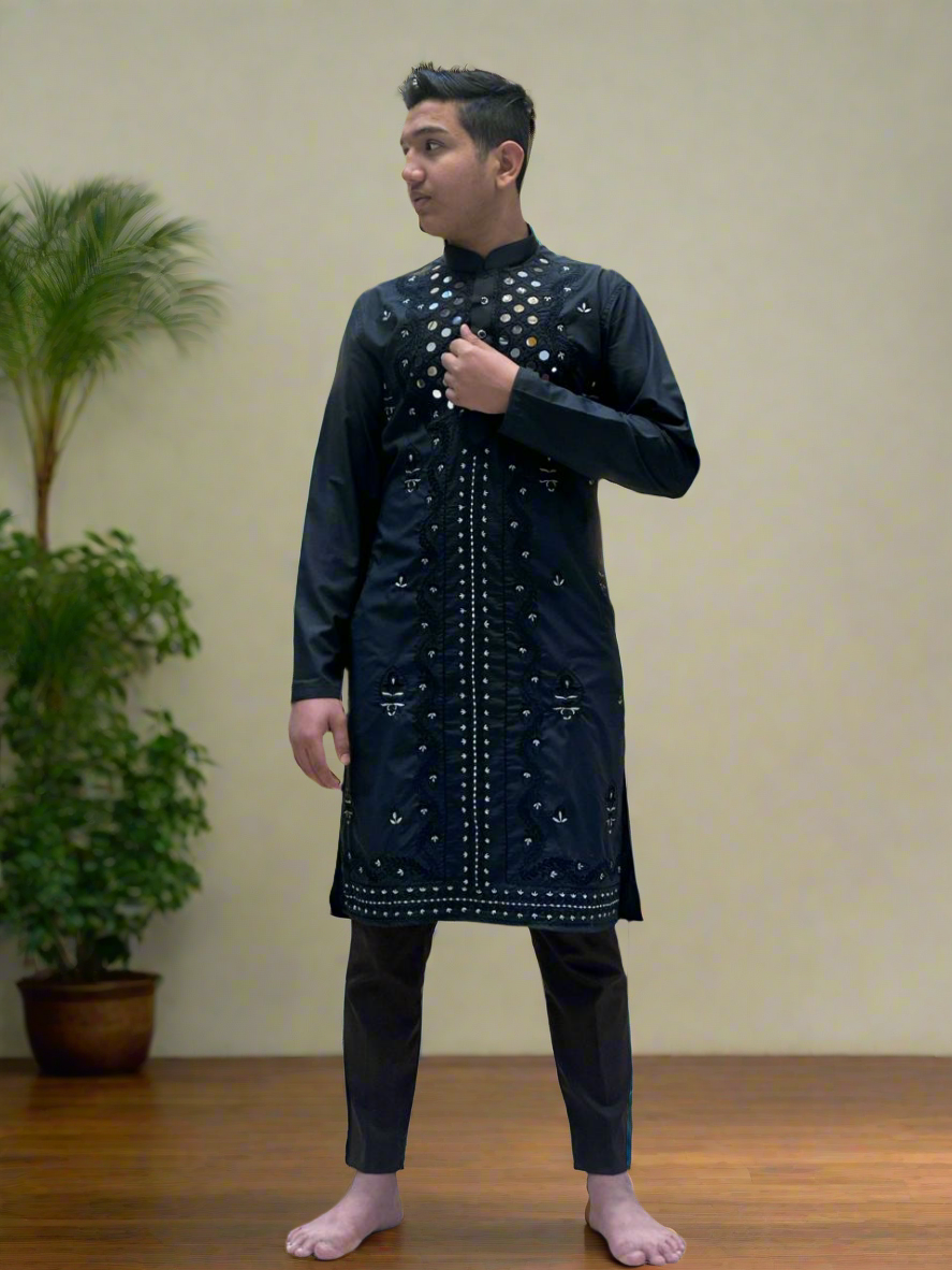 "Men's black kurta set with real mirror work - KPH Outfits"
