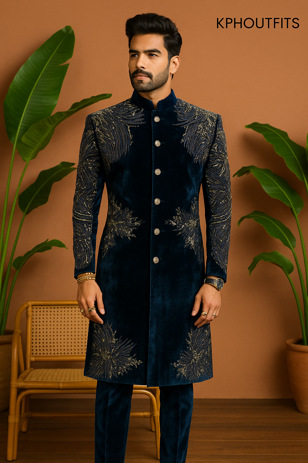 Men's Navy Blue Velvet Handcrafted Luxury Embellished Sherwani Set – Designer Wedding Outfit – KPH Outfits