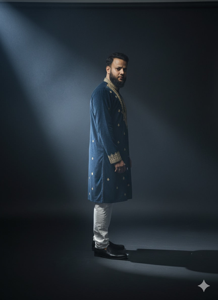 Turkish Blue Velvet Kurta with Gold Thread Embroidery - Kph Outfits