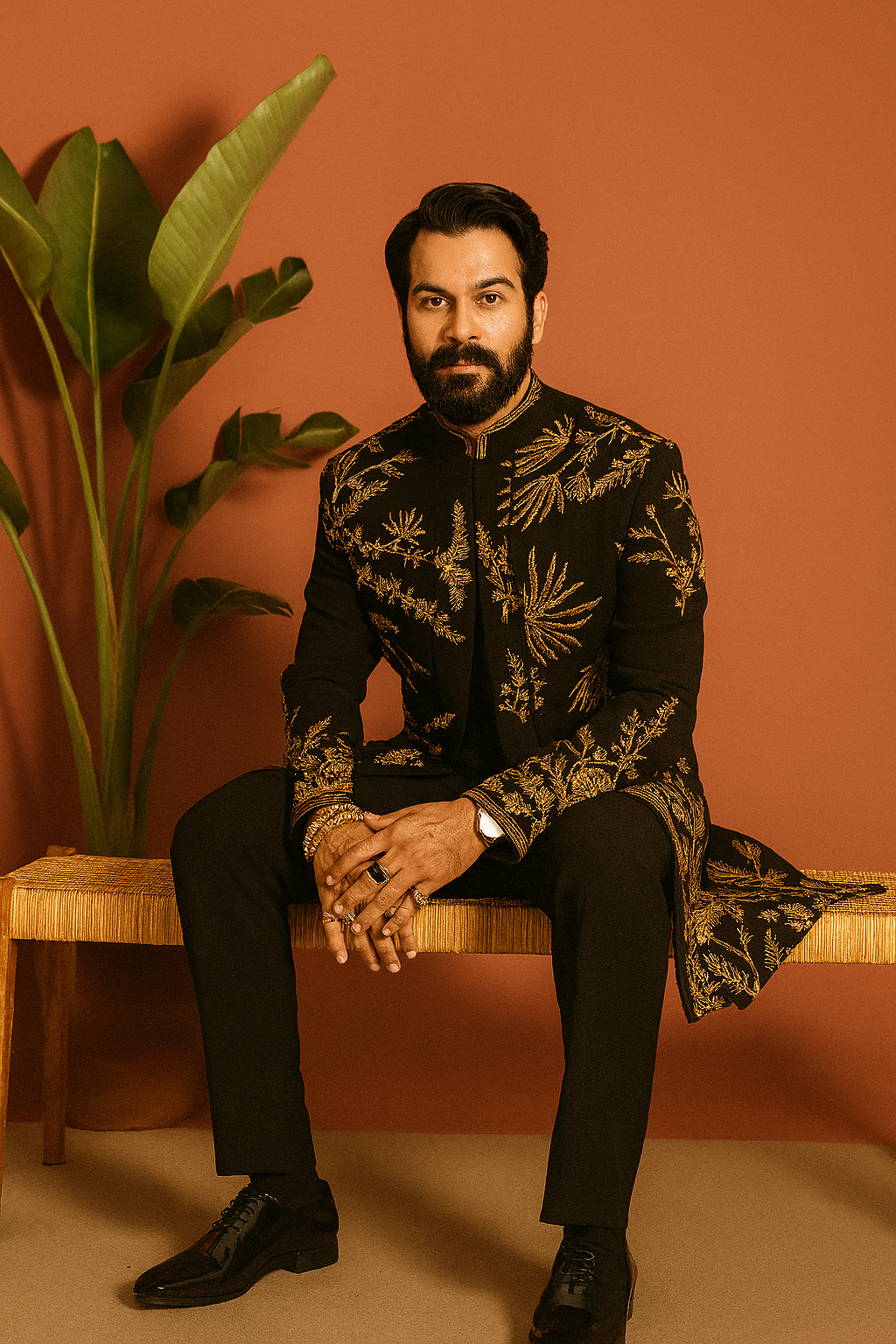 Designer groom wearing velvet Indo-Western with gold embroidery – KPH Outfits