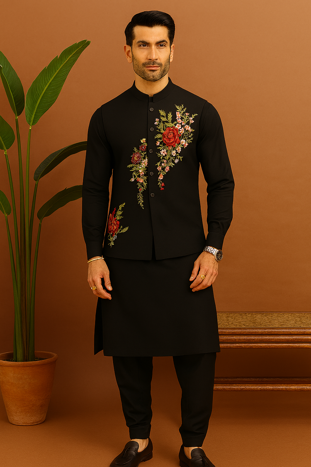 Black waistcoat with multi-colour thread embroidery – KPH Outfits