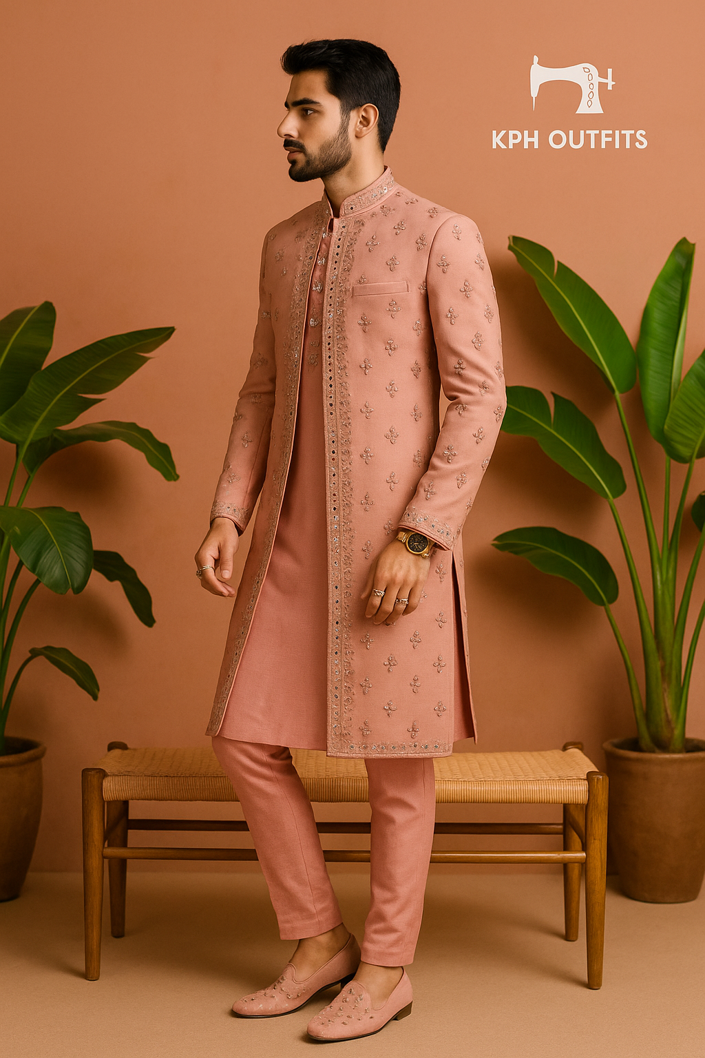 Men's Exclusive Pink Real Mirror Stylish Indo-western Set - KPH Outfits