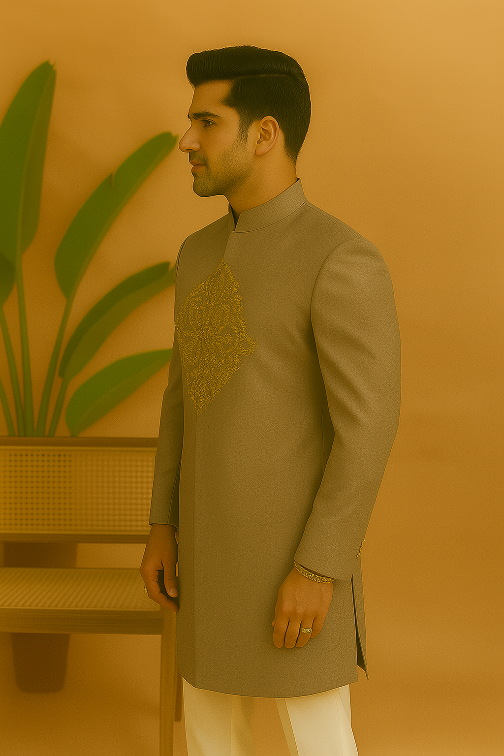 A photograph of a man in a stylish Indo-Western suit, highlighting the quality of the Japanese fabric and the unique design.

