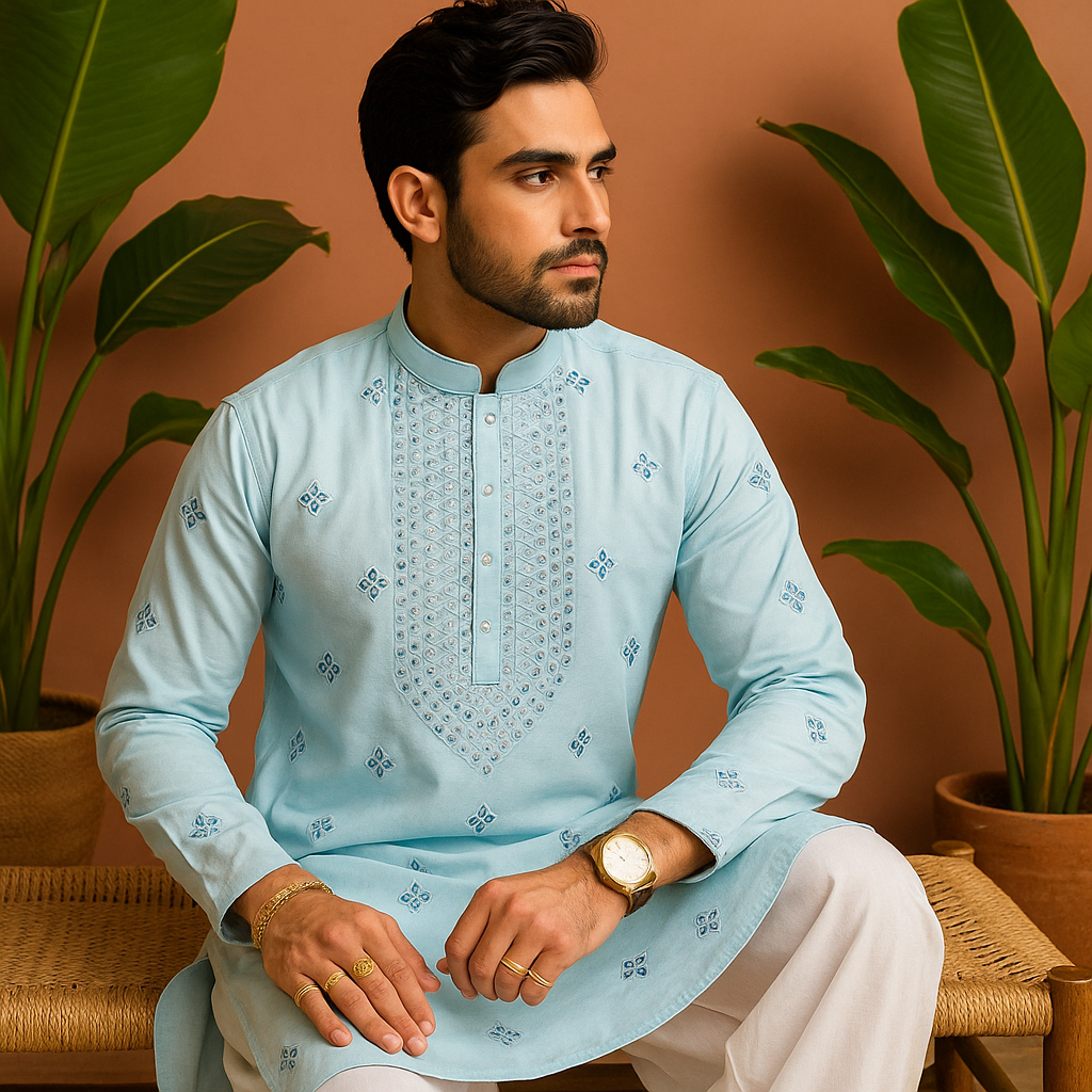 Men's Exclusive Sky Blue Real Mirror Designer Kurta Set – Elegance by KPH Outfits