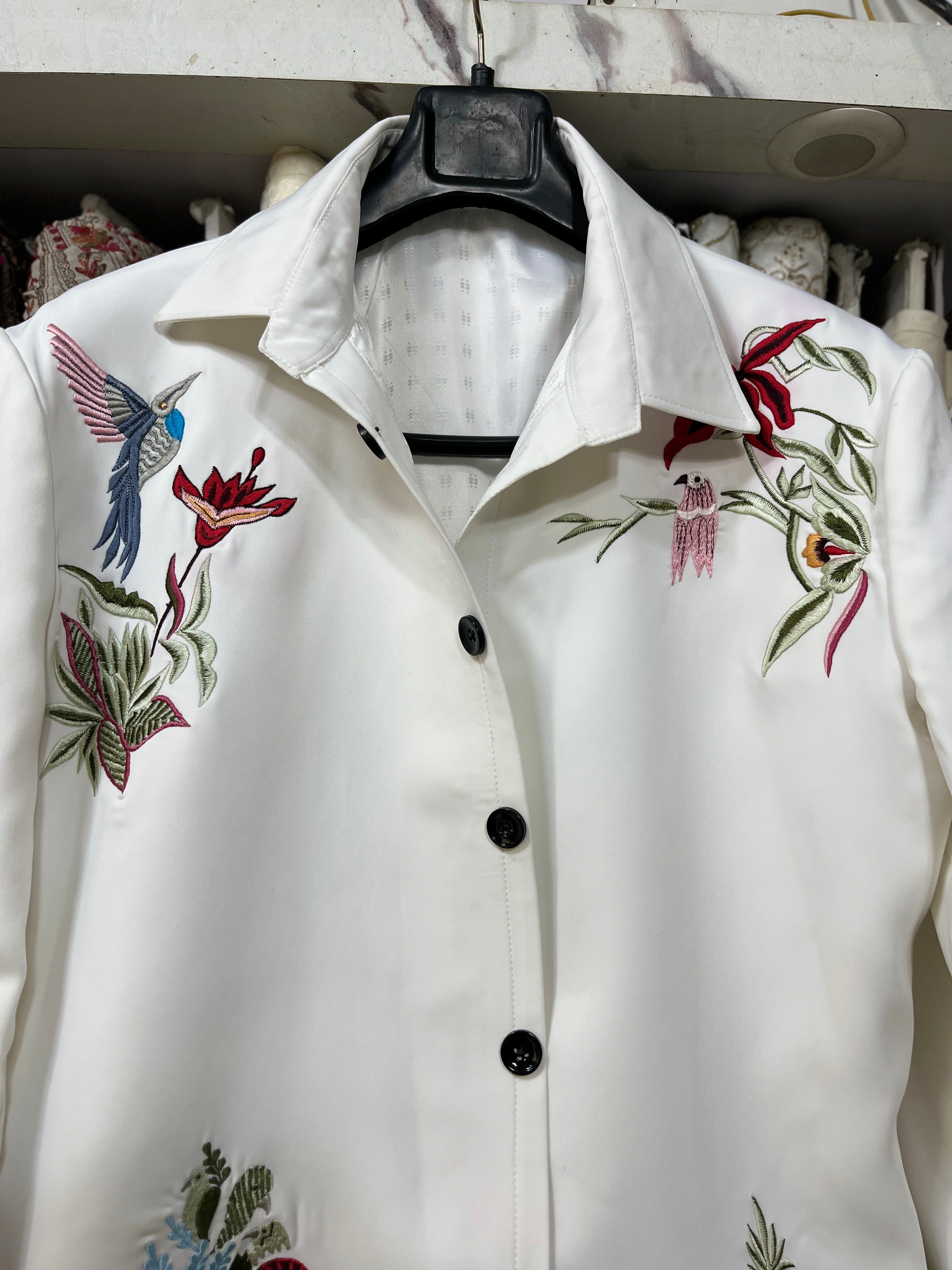 Men's White Multi Colour Birds Embroidery Shacket Set