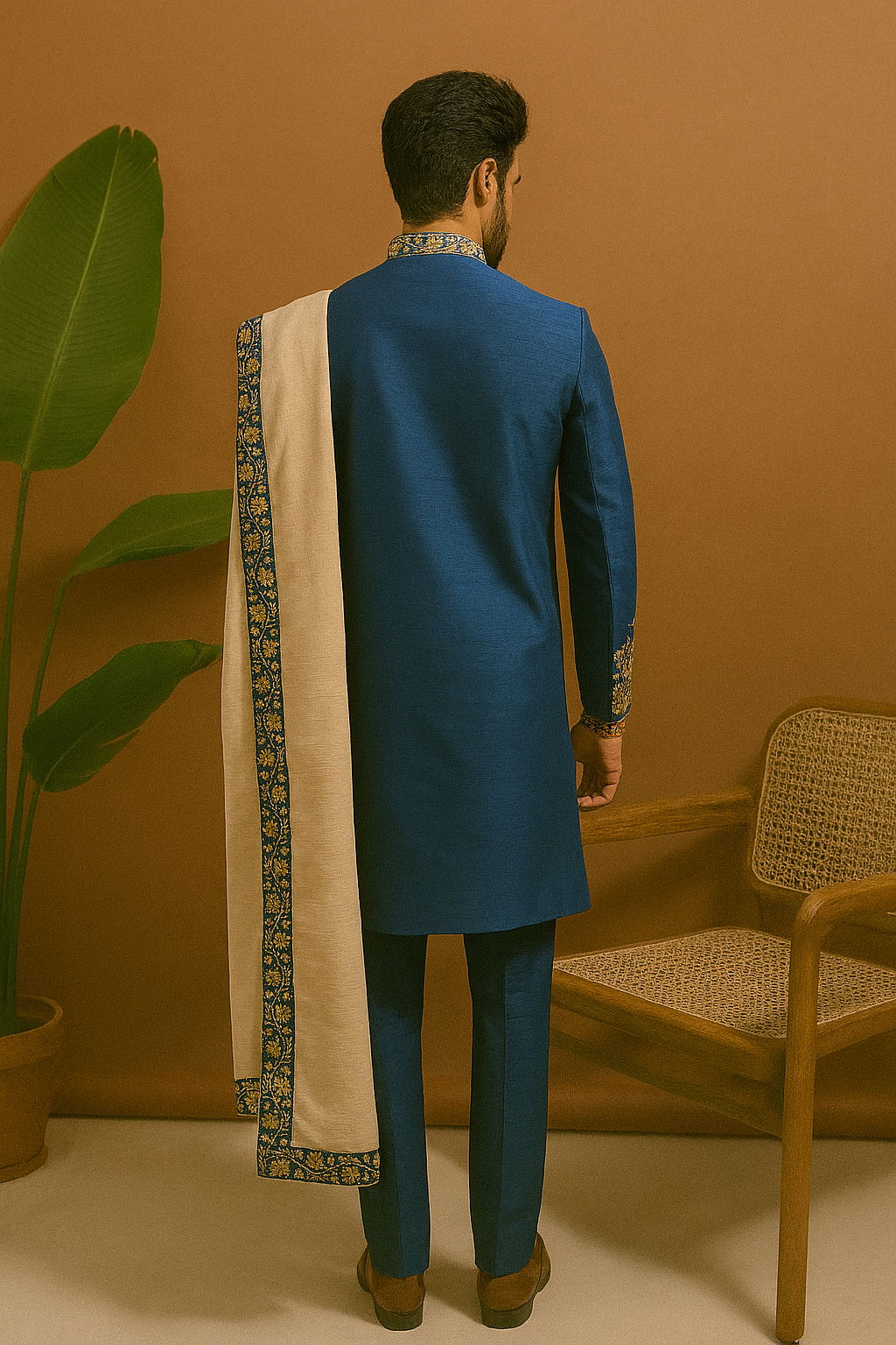 Man wearing a blue sherwani with a beige stole against a brown background