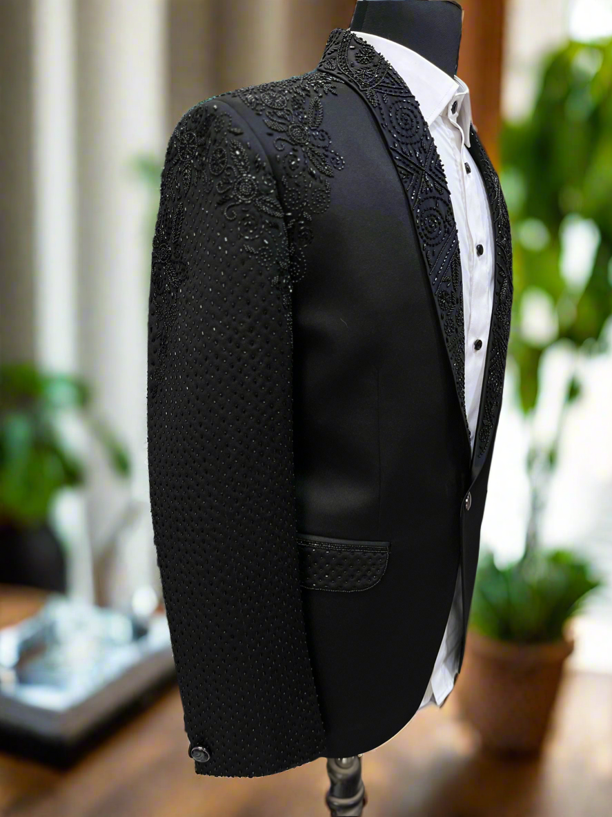 Men's Handcrafted Black Shawl Lapel Tuxedo in Donear Fabric - KPH OutFits