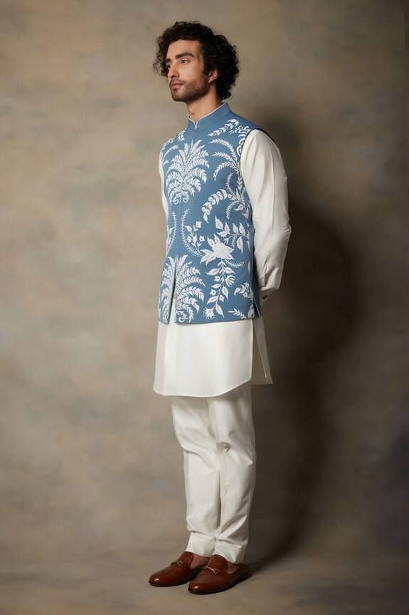 Men's Blue Applique Embroidery Waistcoat Set