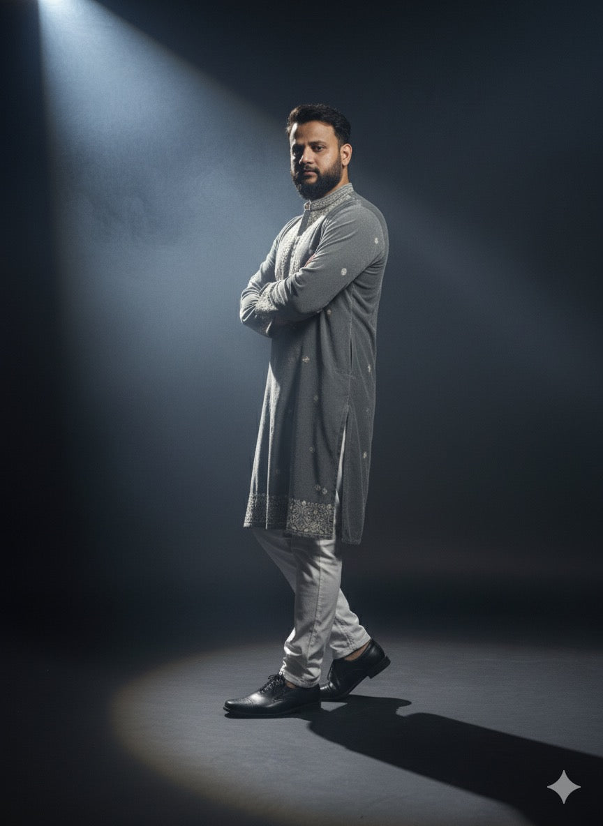 Designer men's ethnic wear featuring intricate sequin and thread detailing