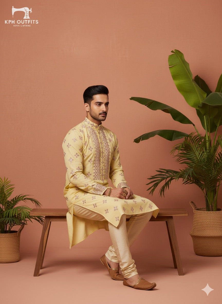 Ethnic festive wear kurta pajama for men with mirror work and embroidered dupatta