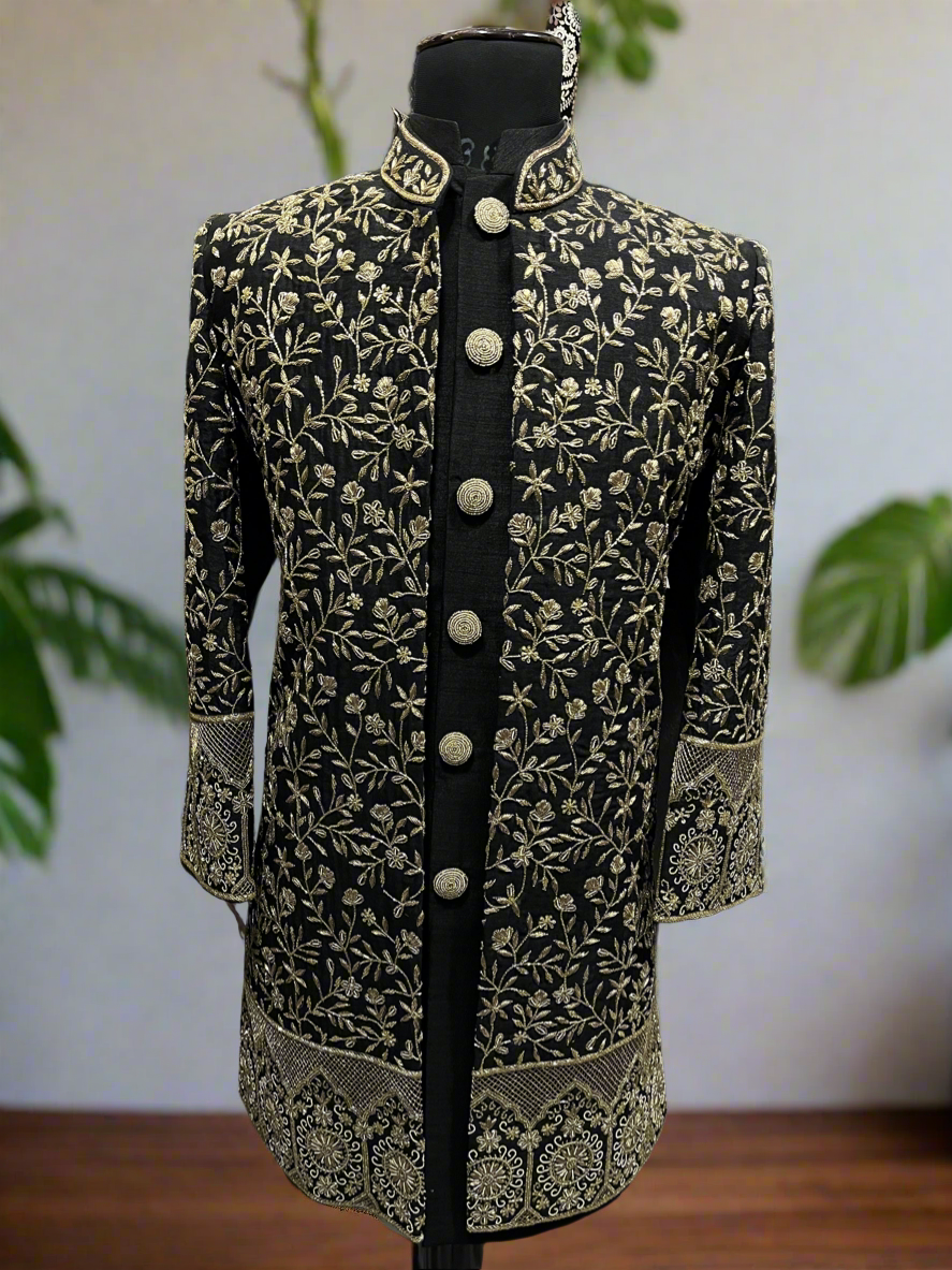 Men's Black Handcrafted Zardozi Work Silk Indo Western Set – KPH Outfits