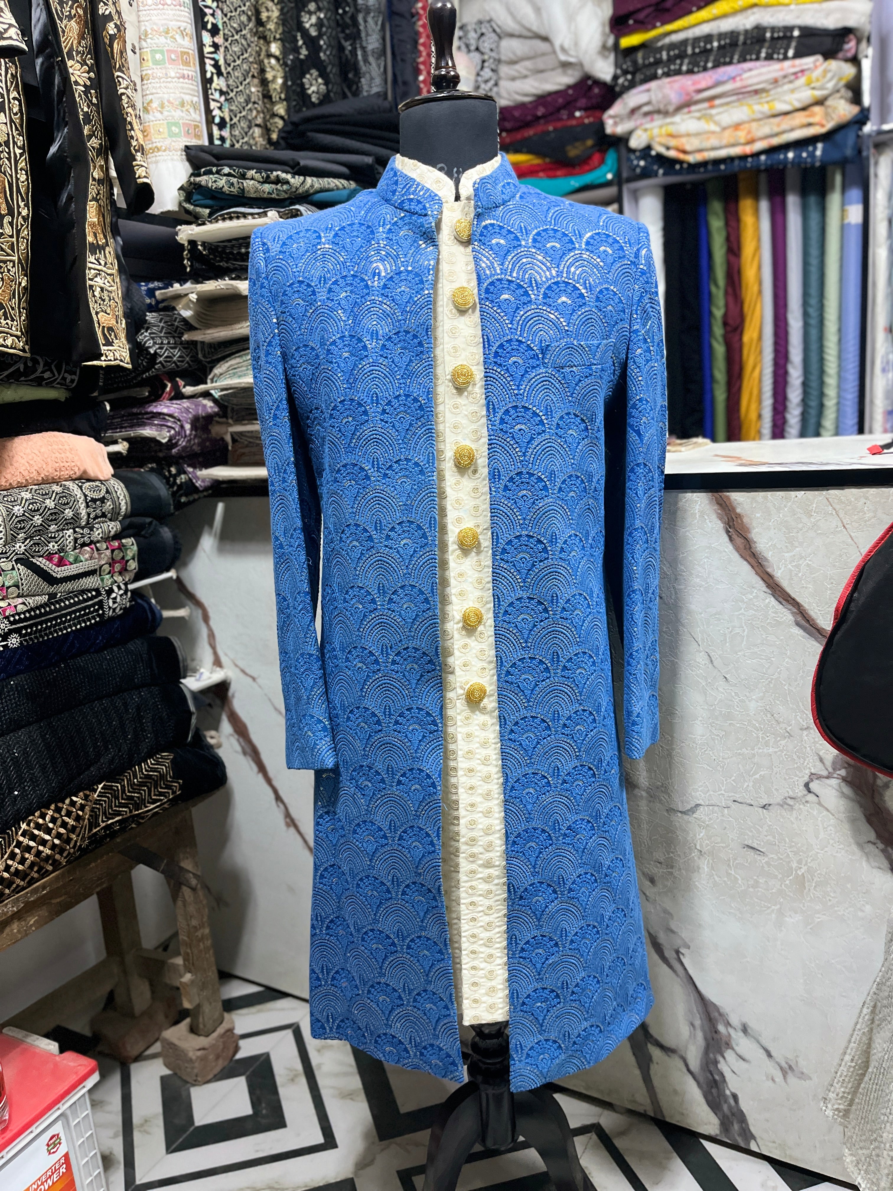 Men's Blue Lakhnavi Style Open Indo-western Set