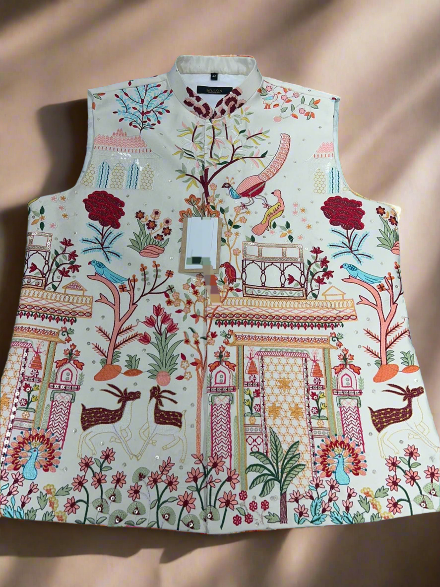 Men's Black and White Multi-Colour Thread Embroidery Nehru Jacket Set - KPH Outfits