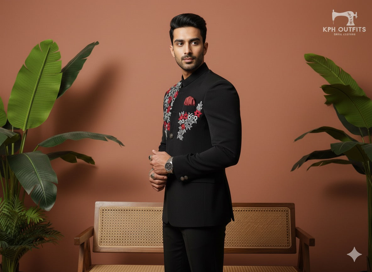 Modern groom black Jodhpuri outfit with red floral work – KPH Outfits