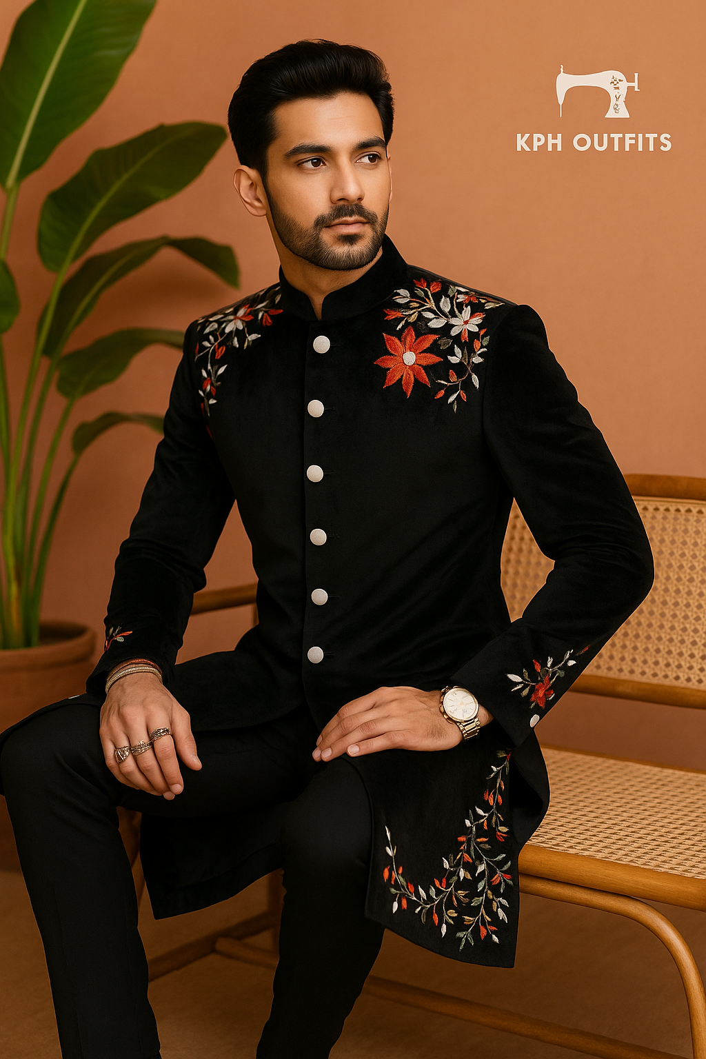Men's Black Velvet Handcrafted Sherwani with Thread Embroidery – Timeless Groom Wear by KPH Outfits
