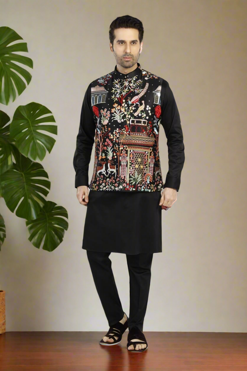 Men's Black and White Multi-Colour Thread Embroidery Nehru Jacket Set - KPH Outfits
