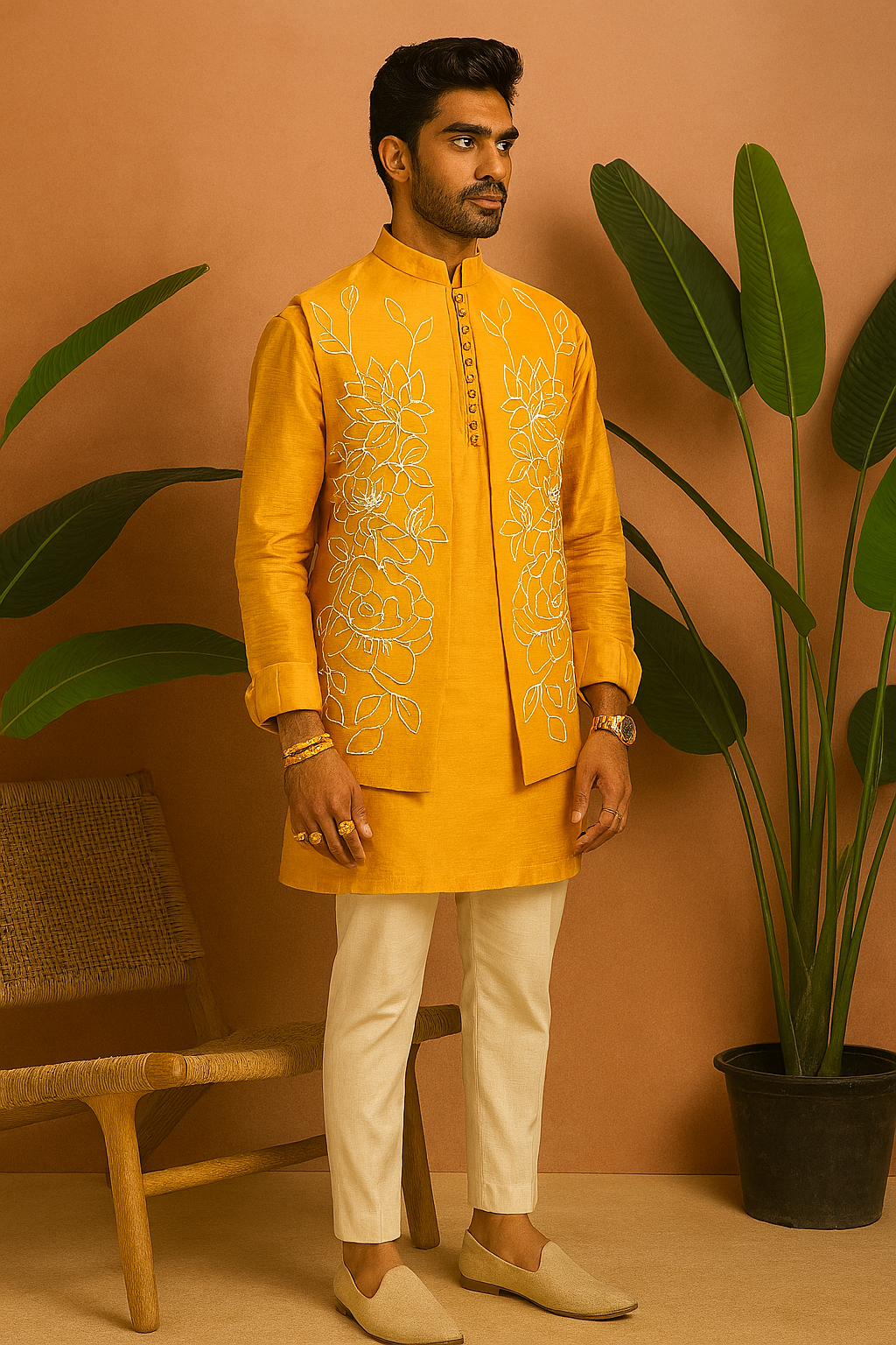 Mustard beads embellished open Bundi with kurta and trousers – KPH Outfits