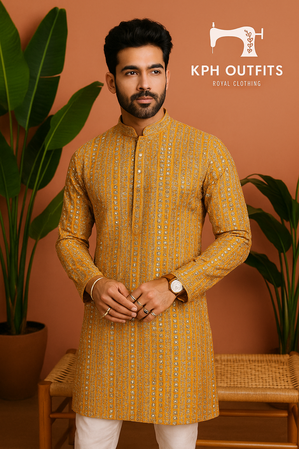 Men's Dyeable Orange Mirror Work Kurta Set - KPH Outfits