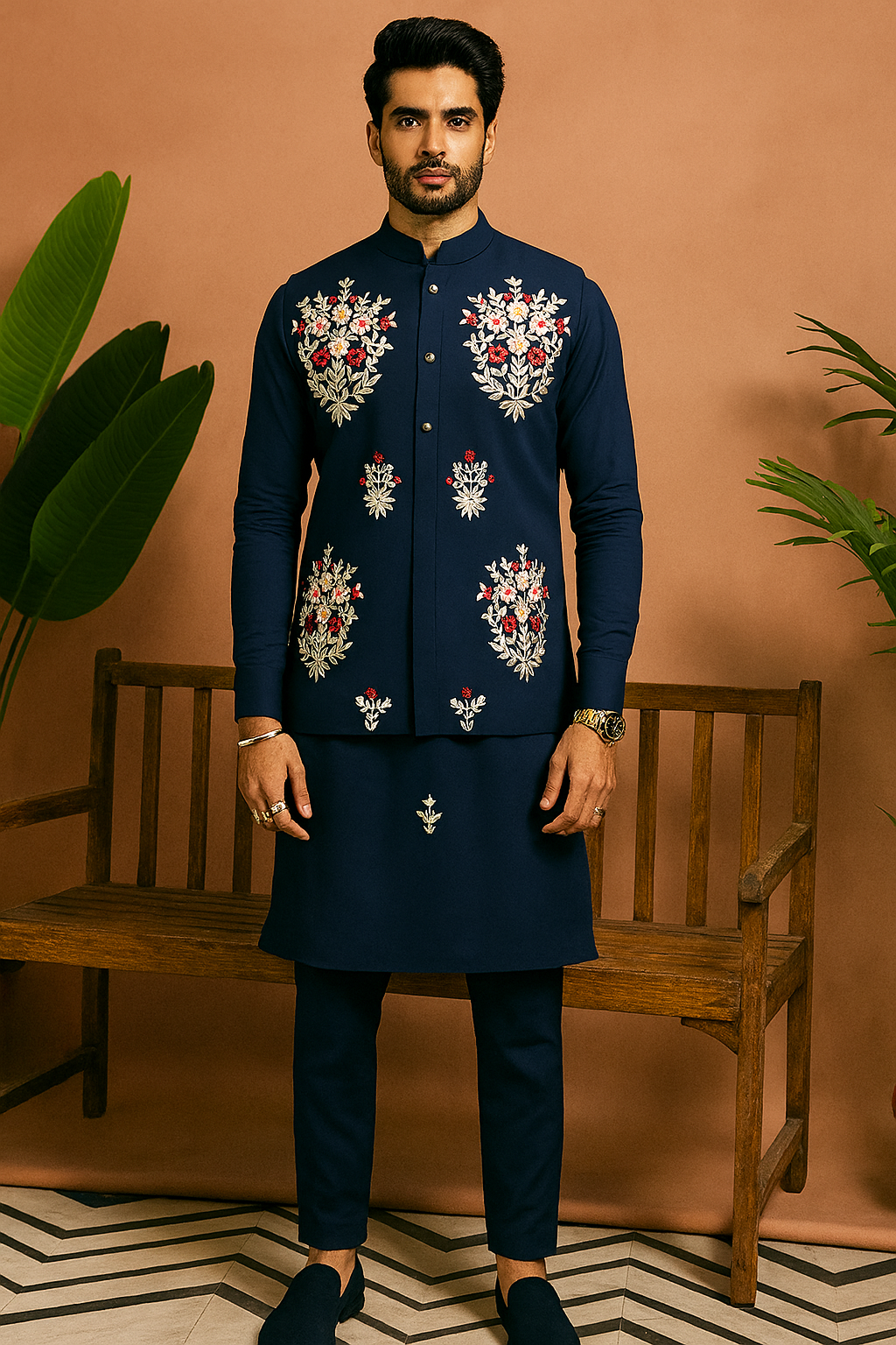 Sangeet Night Special Navy Blue Embellished Waistcoat Set