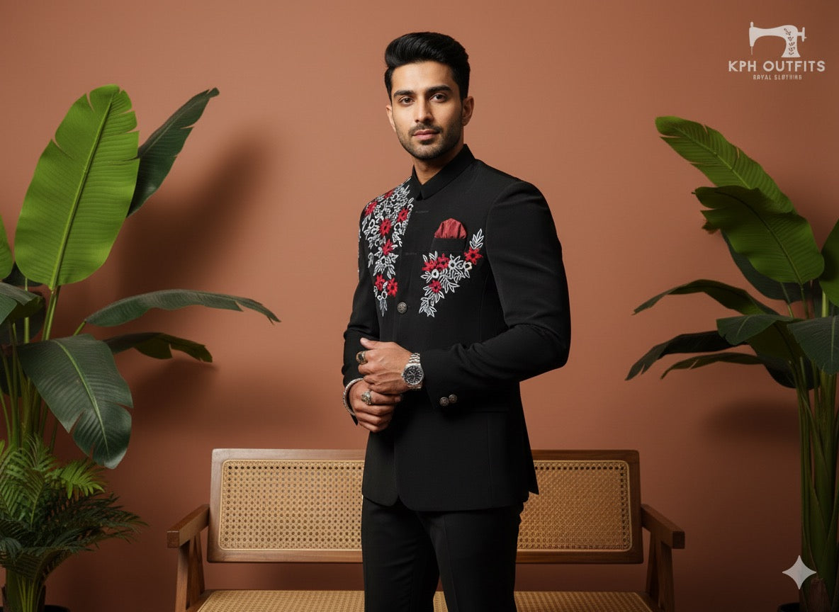 Groomsmen Black Red and silver Embellished Stylish Jodhpuri Set - kph Outfits