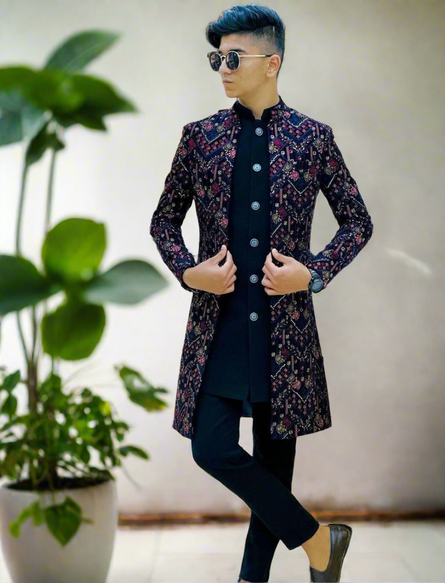 Men’s Black Zigzag Embroidery Indo-Western Set - Elegant & Stylish Ethnic Wear for Men