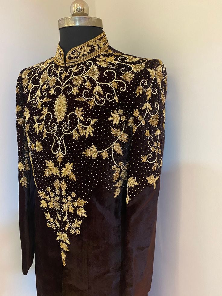 Men's Black Velvet Handcrafted Golden Work Sherwani Set