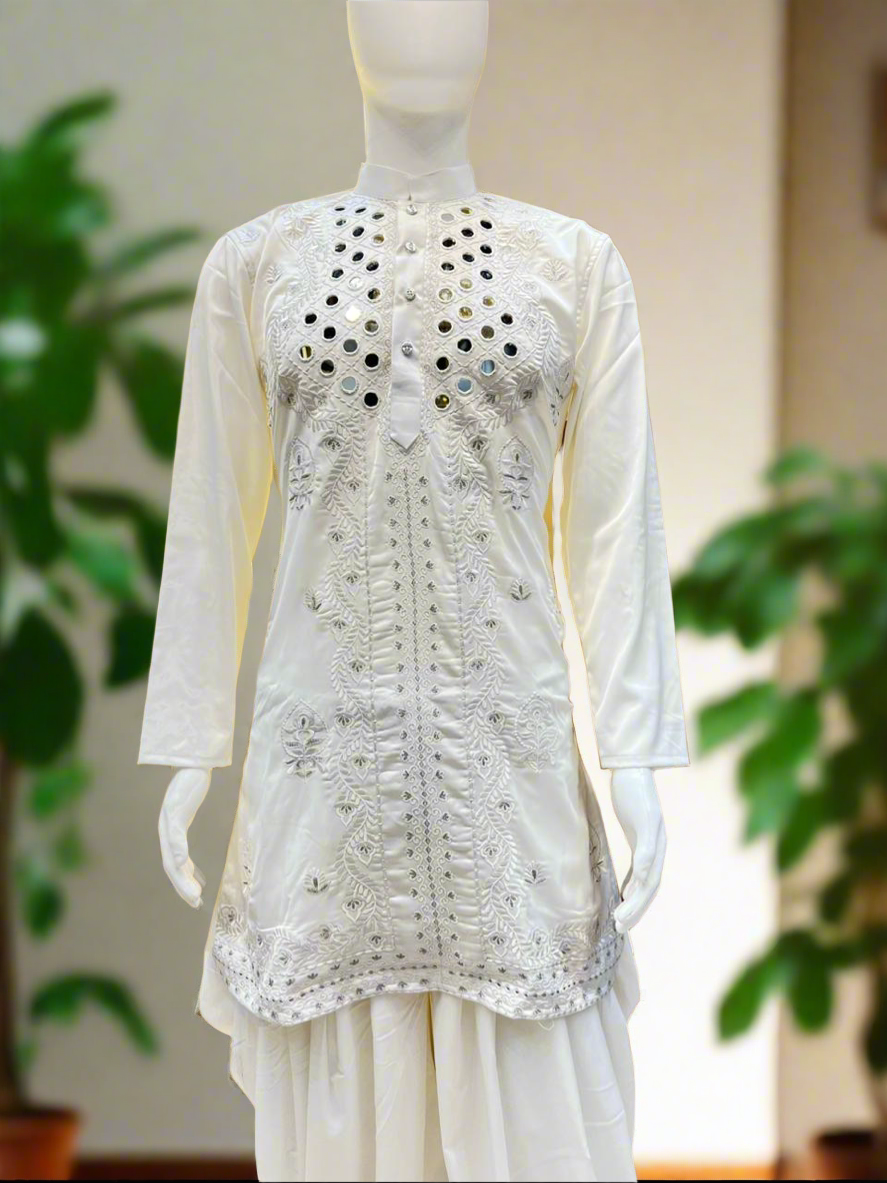 "Exclusive white kurta set with real mirror detailing"
