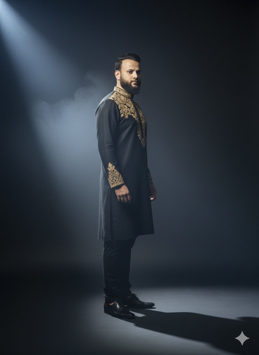 Designer men’s ethnic black kurta pajama with handcrafted embroidery