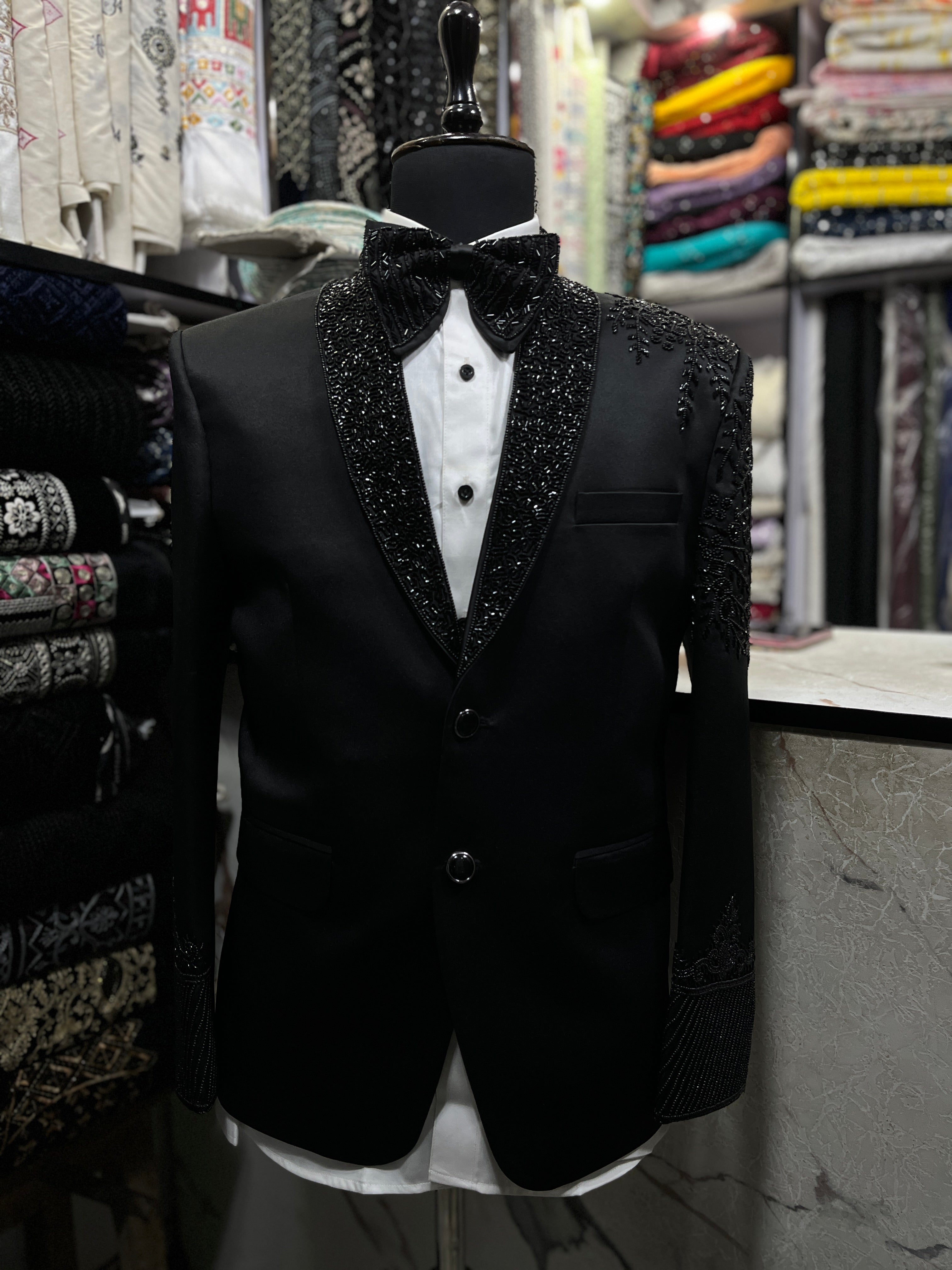 Men's Black Handcrafted Cut dana Work Shawl Lapel Tuxedo Suit