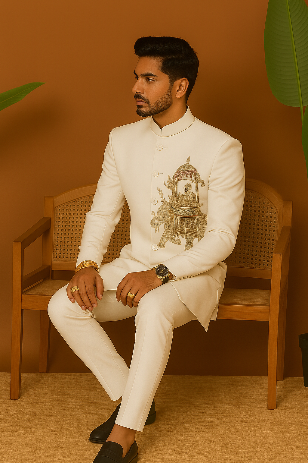 Men's White Zardosi Embellished Maharaji Design Indo-Western Set