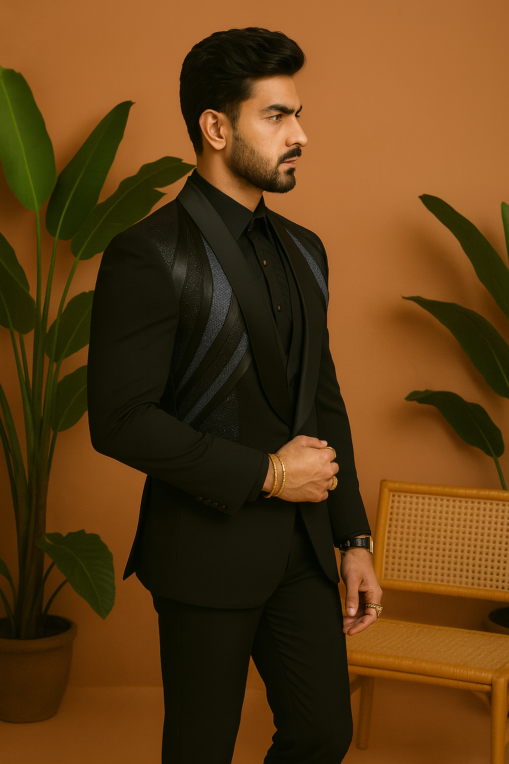 A front view of a man in a black tuxedo suit with a stylish embellished V-neck shirt, posing confidently.

