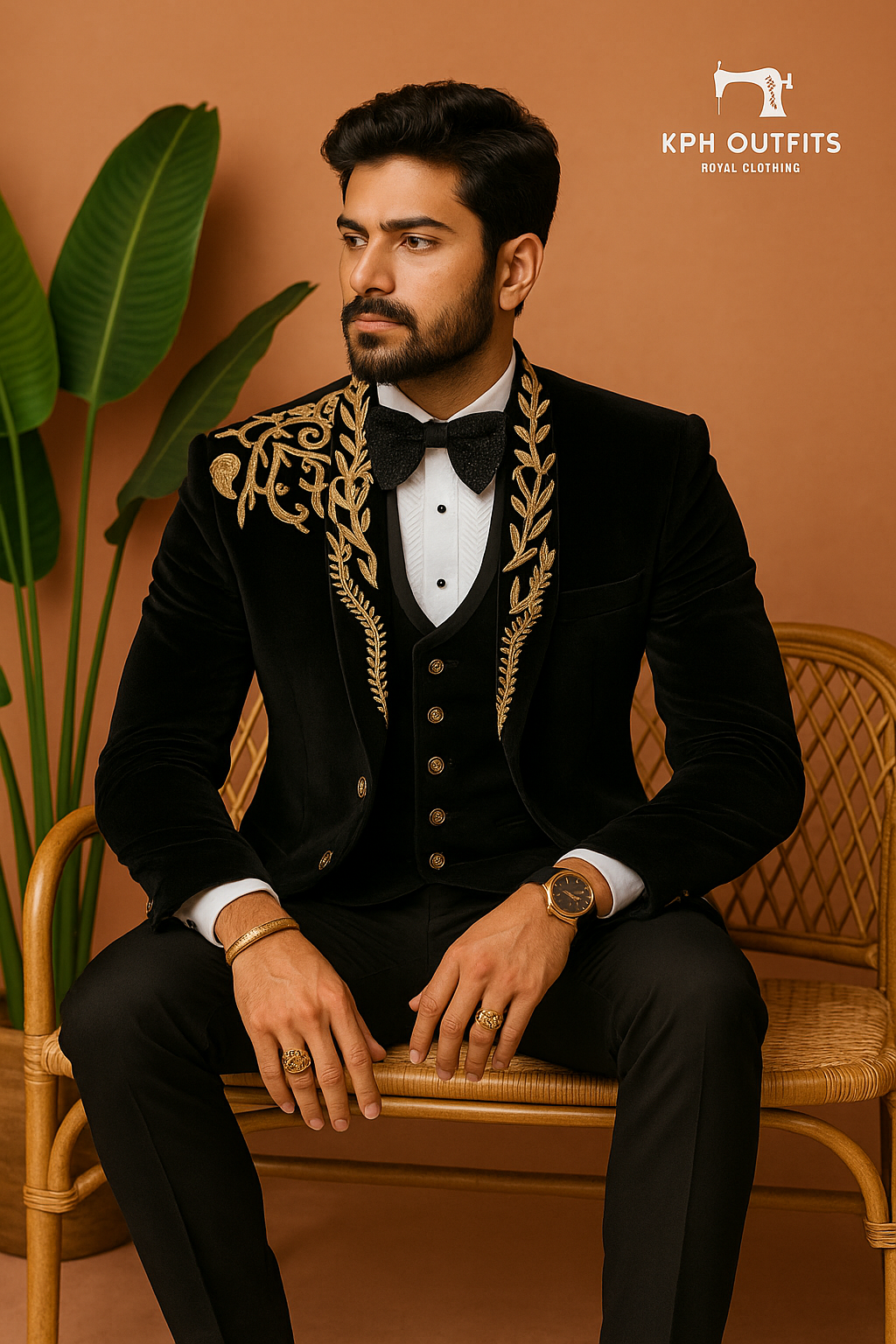 Men's Black Handcrafted Zardozi Work Shawl Lapel Tuxedo Suit by KPH Outfits