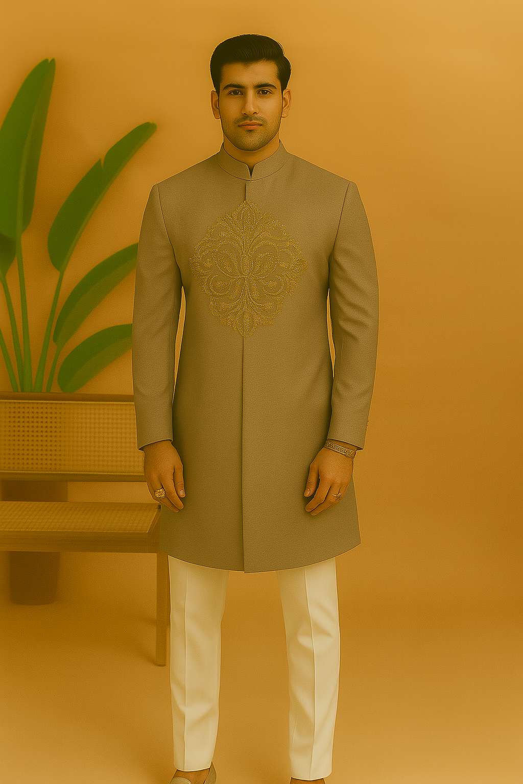 zari embroidery, indo-western set, wedding outfit, Japanese fabric, customized suit, men's ethnic fashion, luxury ethnic wear