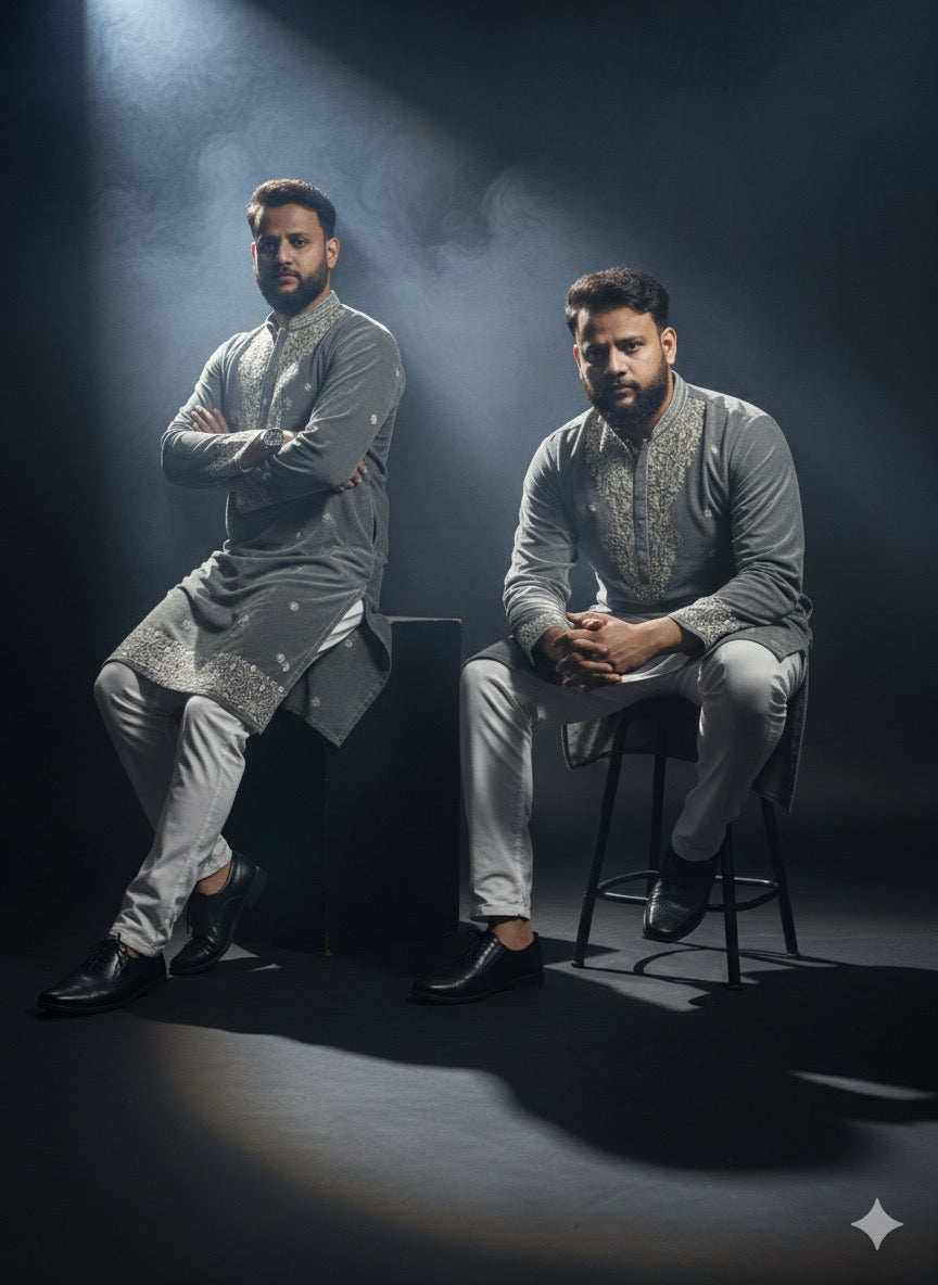 Gray micro velvet kurta with silver sequin and thread embroidery for men.