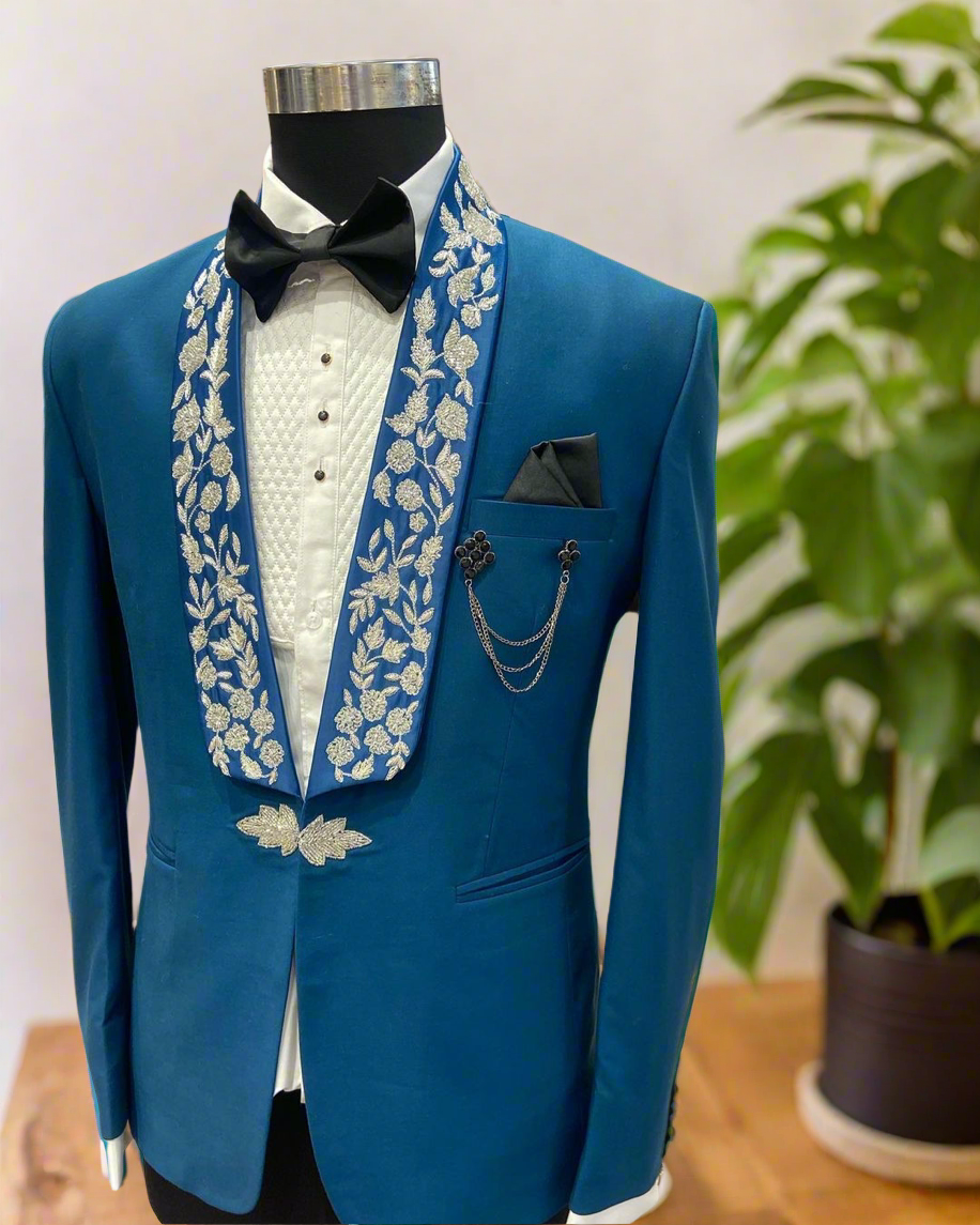 Handcrafted shawl lapel tuxedo in striking teal blue
